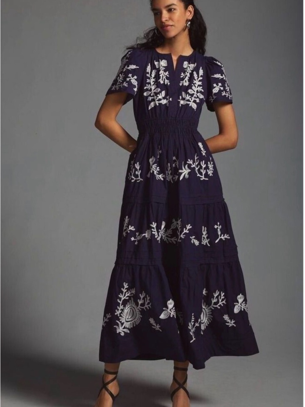 Anthropologie Navy Maxi Dress with White Floral Embroidery